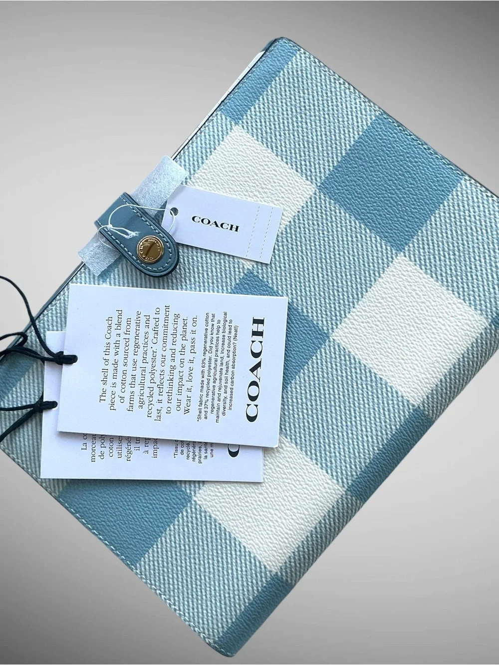 Coach Gingham Print Notebook Journal Blue White Plaid Snap Closure NWT